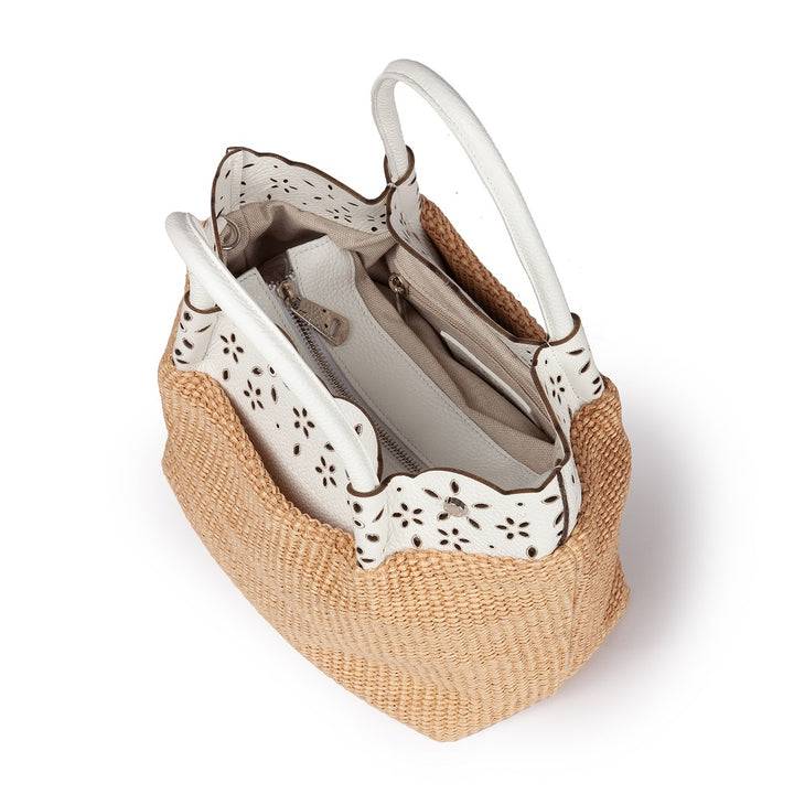 Roberta Gandolfi Diletta Handbag in rafia con balza in pelle laserata con tracolla staccabile Offerta