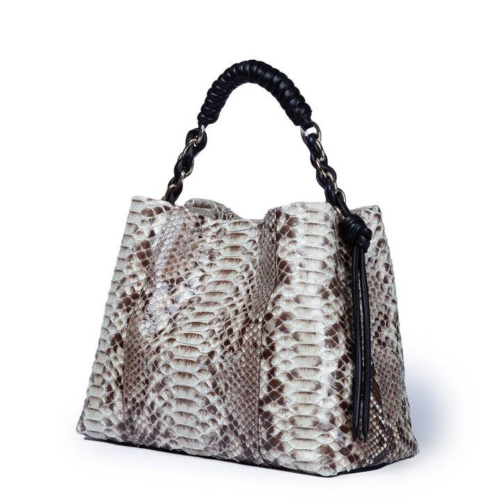 Roberta Gandolfi Amina Pitone large borsa a mano in pitone e finiture in pelle di vitello con manico tubolare fasciato e tracolla staccabile Pezzi Unici