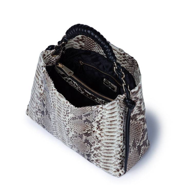 Roberta Gandolfi Amina Pitone large borsa a mano in pitone e finiture in pelle di vitello con manico tubolare fasciato e tracolla staccabile Pezzi Unici