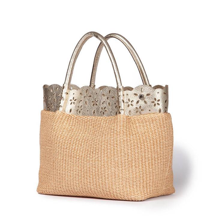 Roberta Gandolfi Diletta Handbag in rafia con balza in pelle laserata con tracolla staccabile Fino Al -60%