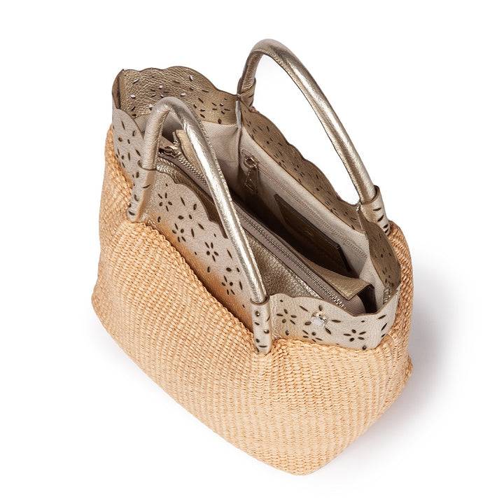 Roberta Gandolfi Diletta Handbag in rafia con balza in pelle laserata con tracolla staccabile Fino Al -60%