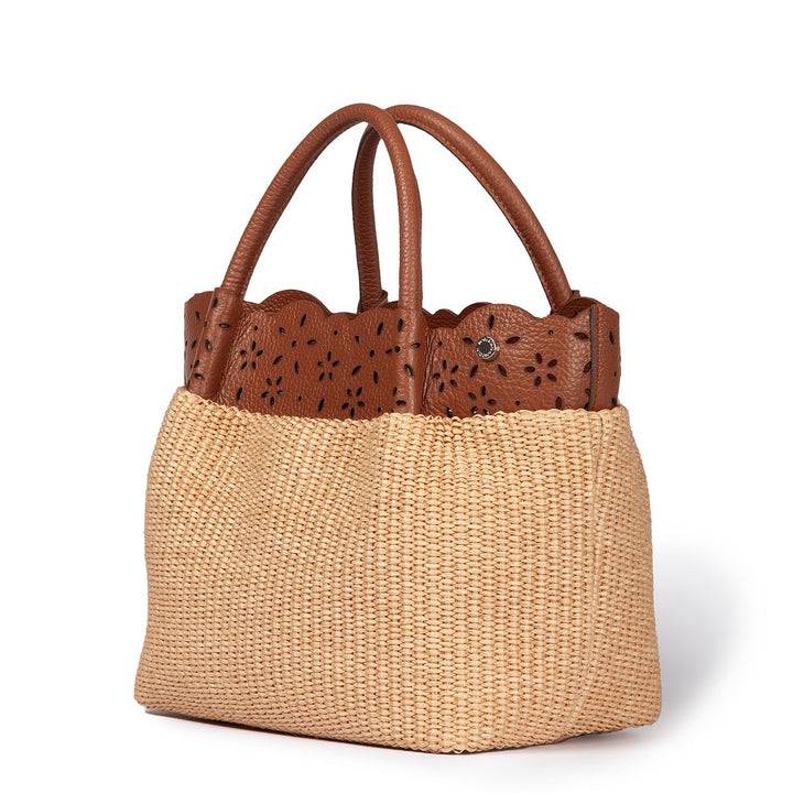 Roberta Gandolfi Diletta Handbag in rafia con balza in pelle laserata con tracolla staccabile Shopping Online
