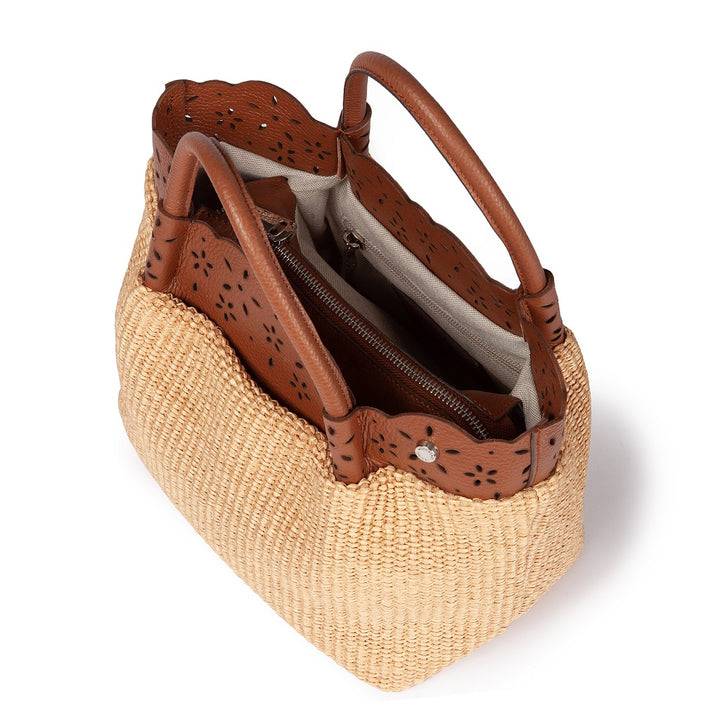 Roberta Gandolfi Diletta Handbag in rafia con balza in pelle laserata con tracolla staccabile Shopping Online