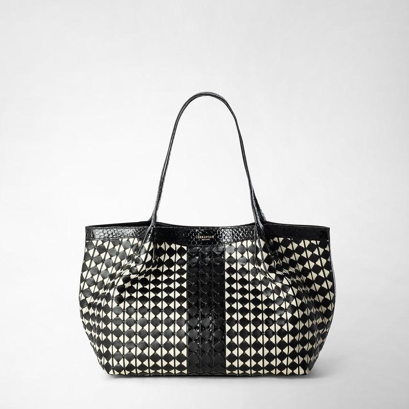 Serapian Small secret tote bag mosaico elaphe black- off white Saldi Di Fabbrica