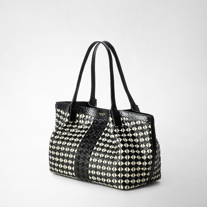 Serapian Small secret tote bag mosaico elaphe black- off white Saldi Di Fabbrica