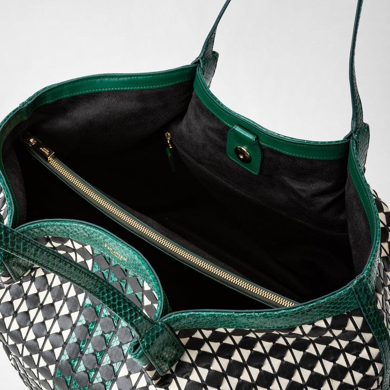 Serapian Secret tote bag mosaico elaphe black-white-emerald Spedizione Gratuita