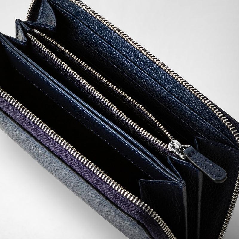 Serapian Portafoglio con zip in pelle rugiada blu navy Prezzo Ridotto