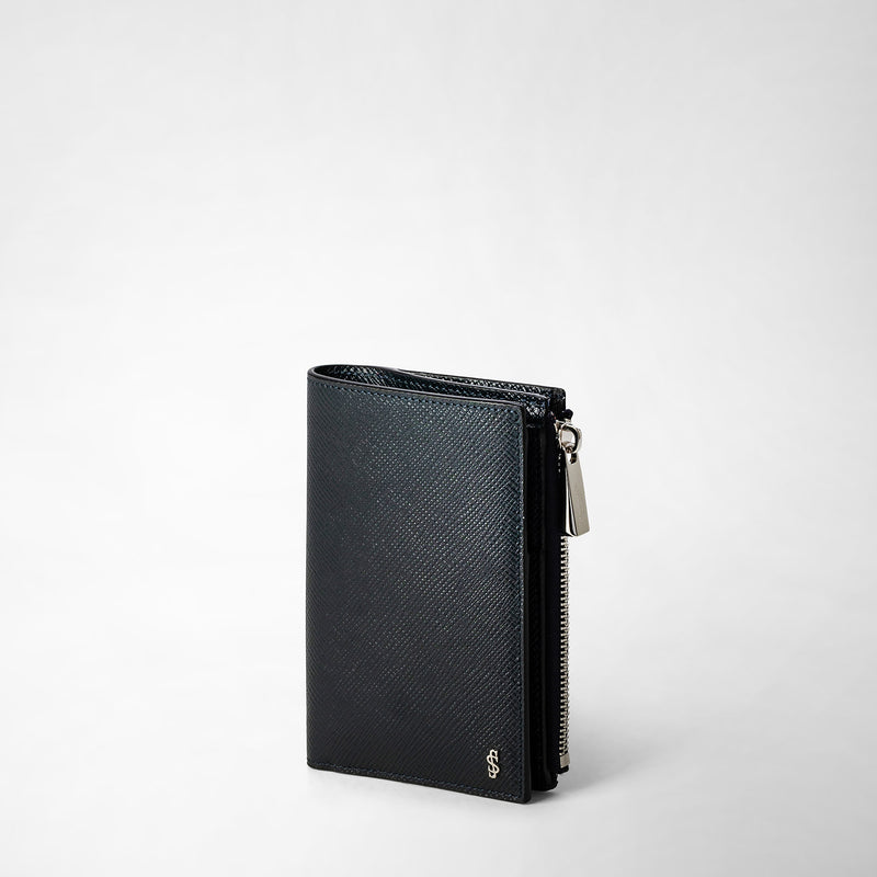 Serapian Vertical billfold with zip in evoluzione leather navy blue Nuova