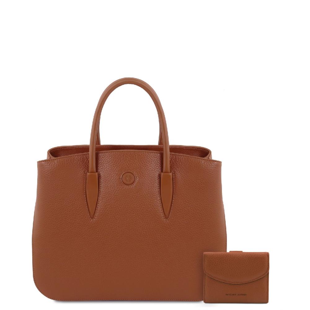 Tuscany Leather Borsa a Mano in Pelle e Portafoglio in Pelle 3 Ante con Portaspiccioli Affare Del Giorno