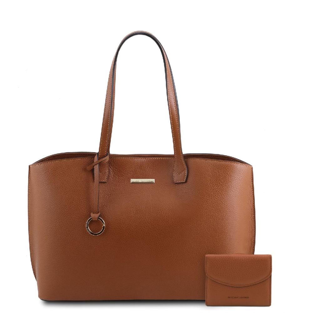 Tuscany Leather Borsa Shopping in Pelle e Portafoglio in Pelle 3 Ante con Portaspiccioli Shopping Online
