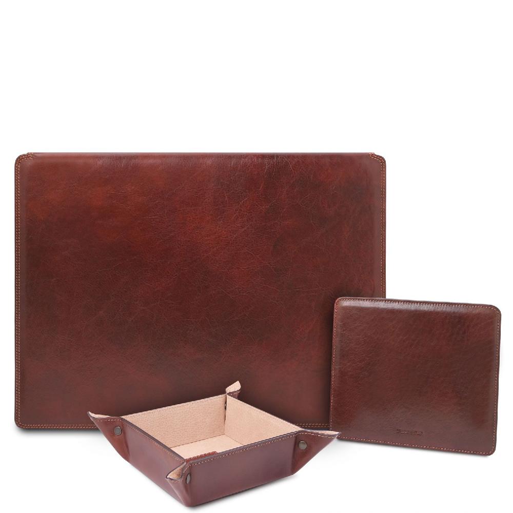 Tuscany Leather Sottomano da Scrivania con Ribalta Tappetino per Mouse e Vuotatasche in Pelle Offerta