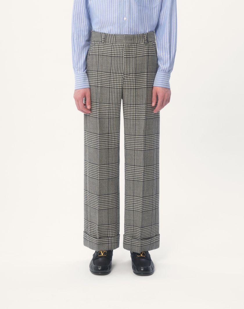 Valentino Handbags Pantalone In Lana Con Risvolto Con Motivo Check Su Pied De Poule per Uomo in Avorio/nero | Valentino IT Promozione