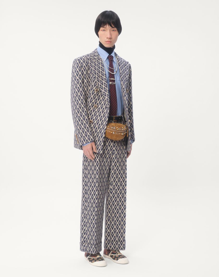 Valentino Handbags Pantalone In Lana Con Risvolto Con Motivo Jacquard Toute La V per Uomo in Notte/crema | Valentino IT Sottocosto