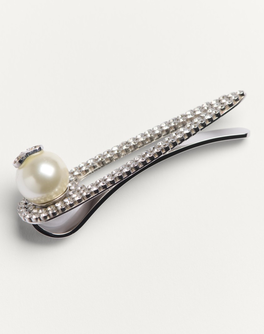 Valentino Handbags Fermacravatta Vlogo Signature In Metallo Con Cristalli E Perla Swarovski® per Uomo in Palladio/crema/crystal | Valentino IT Convenienza