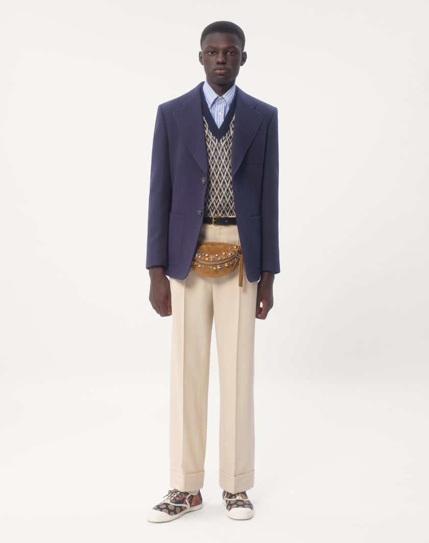 Valentino Handbags Maglione In Lana Con Motivo Jacquard Toute La V per Uomo in Navy/crema | Valentino IT Online