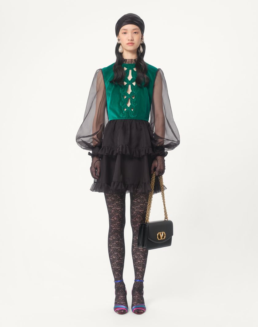 Valentino Handbags Abito Corto In Organza Ricamato per Donna in Nero/verde | Valentino IT Sconto