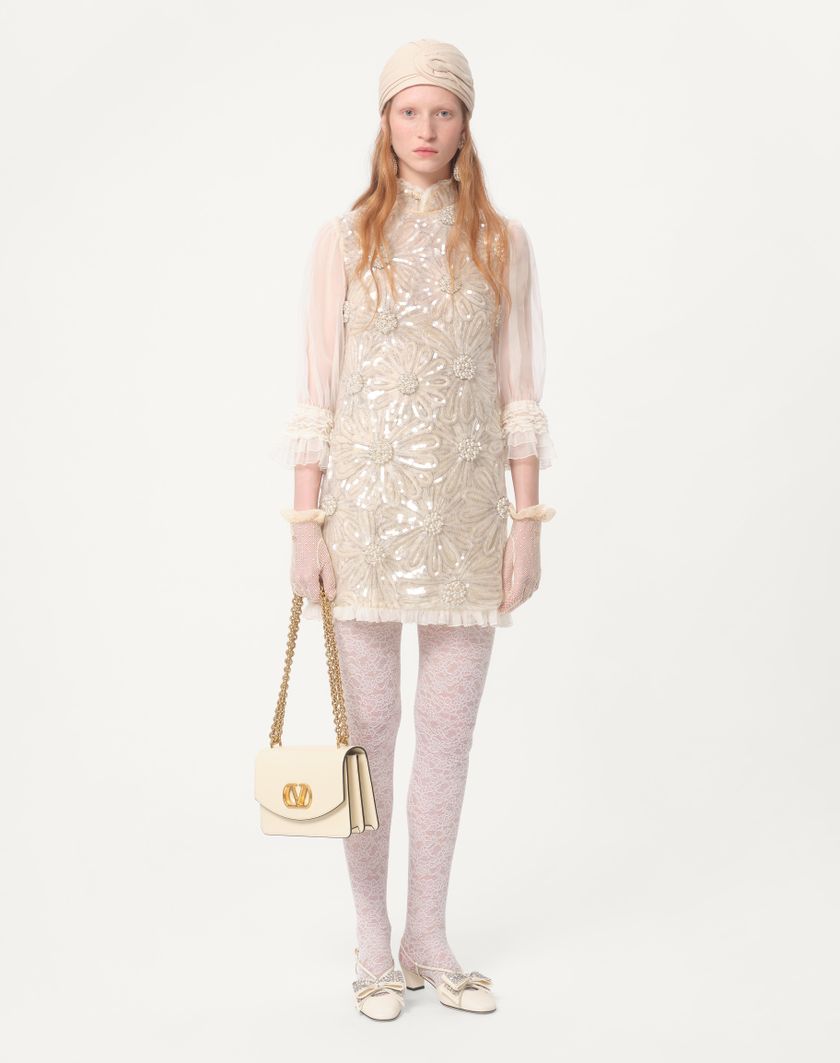 Valentino Handbags Abito Corto In Organza Ricamato per Donna in Grigio Perla | Valentino IT Online