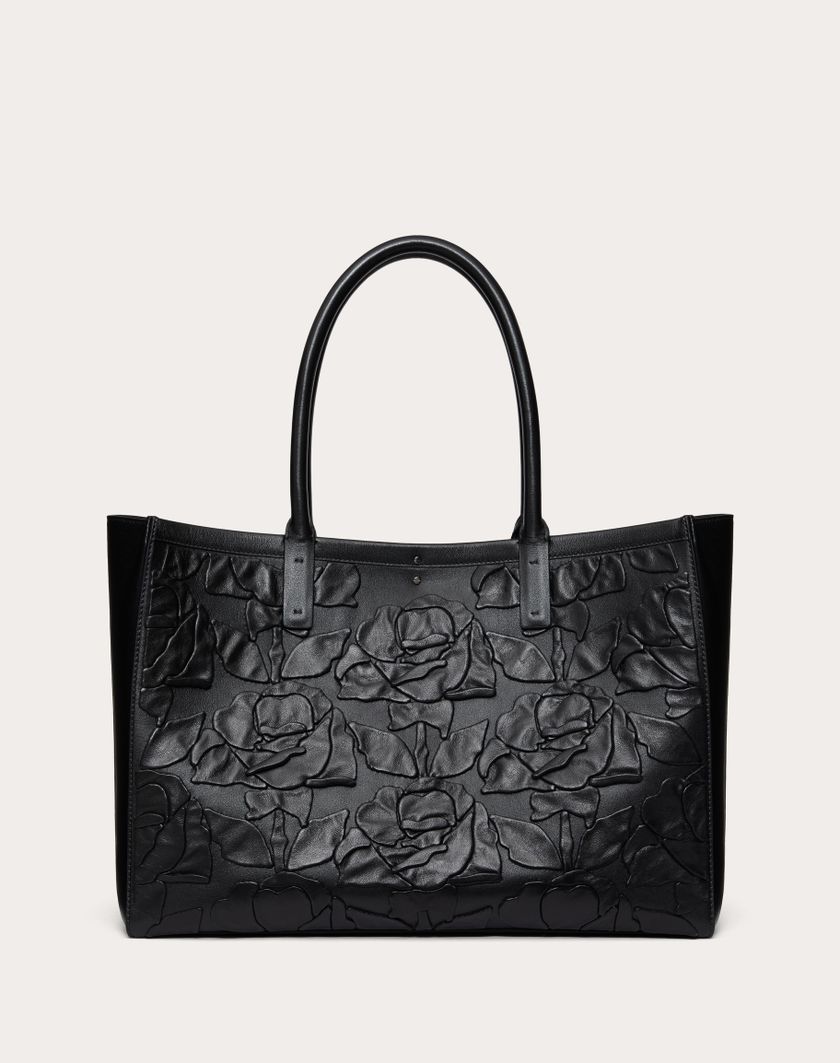 Valentino Handbags Borsa Shopping Media Vlogo Locker Tote In Pelle Con Rose Ricamate per Donna in Nero | Valentino IT Novità