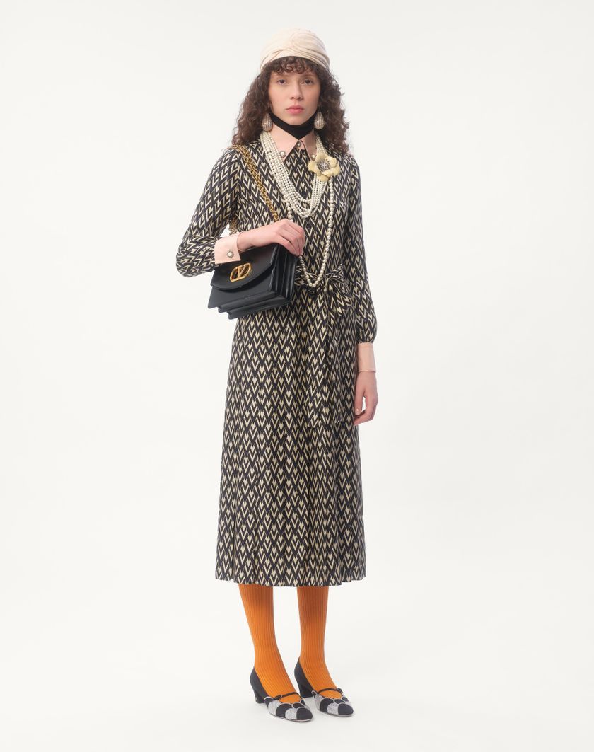 Valentino Handbags Abito Midi In Twill Toute La V per Donna in Nero/avorio | Valentino IT Vendita Economica