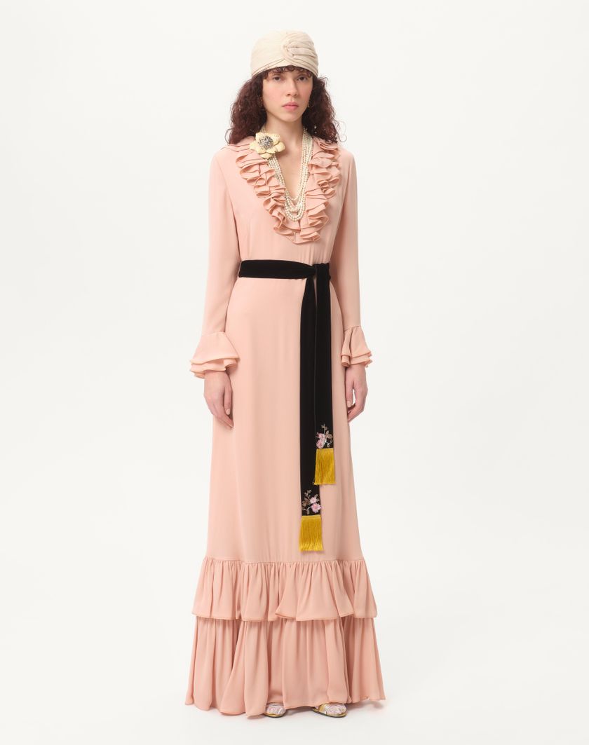 Valentino Handbags Abito Lungo In Georgette Ricamato per Donna in Rose Mist | Valentino IT Solo un giorno rimasto