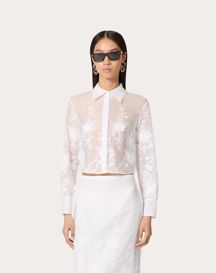 Valentino Handbags Camicia In Camellia Organdis per Donna in Avorio | Valentino IT Prezzo Ridotto