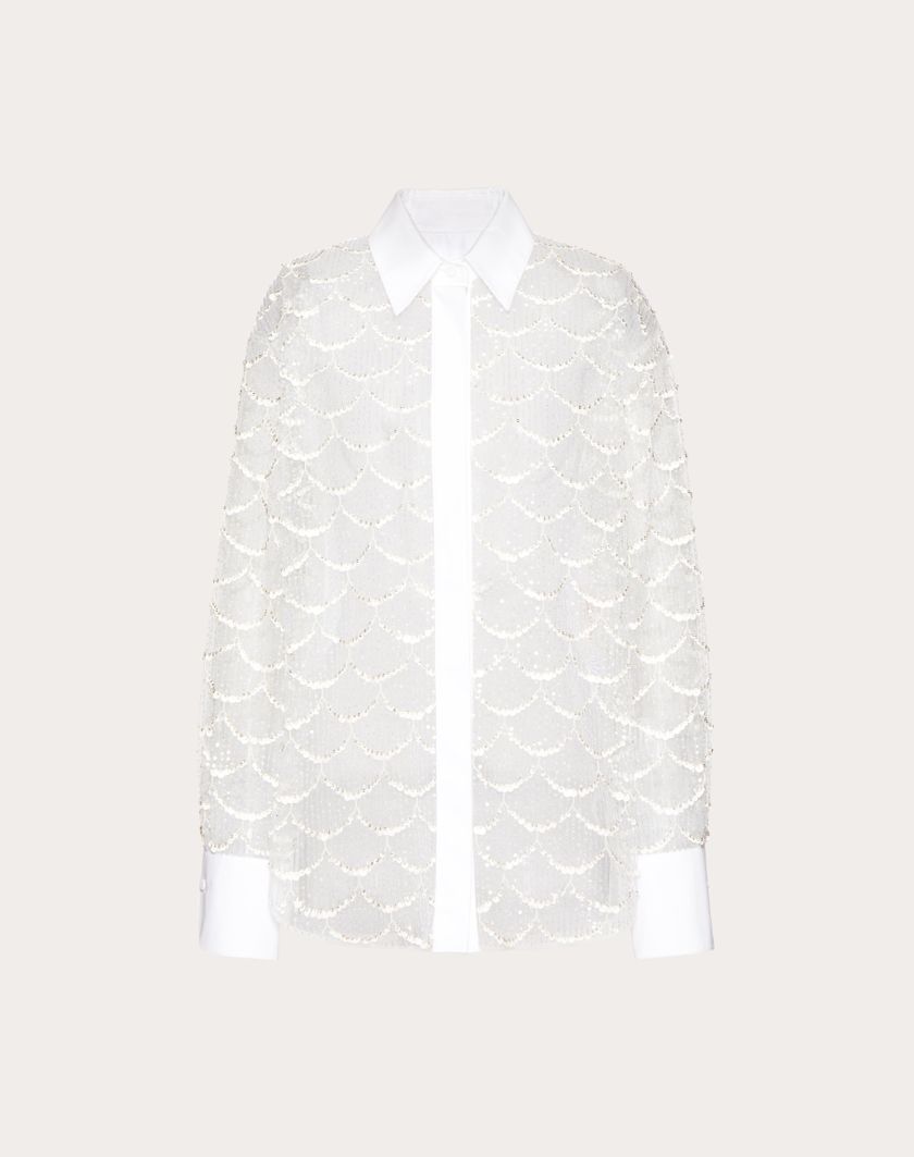 Valentino Handbags Camicia In Tulle Illusione Ricamata per Donna in Avorio | Valentino IT Sottocosto