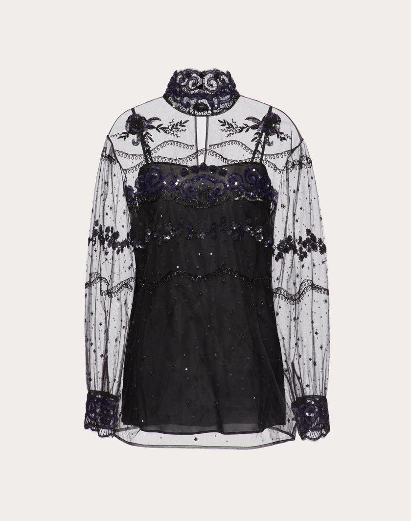 Valentino Handbags Top In Tulle Illusione Ricamato per Donna in Nero | Valentino IT Economico