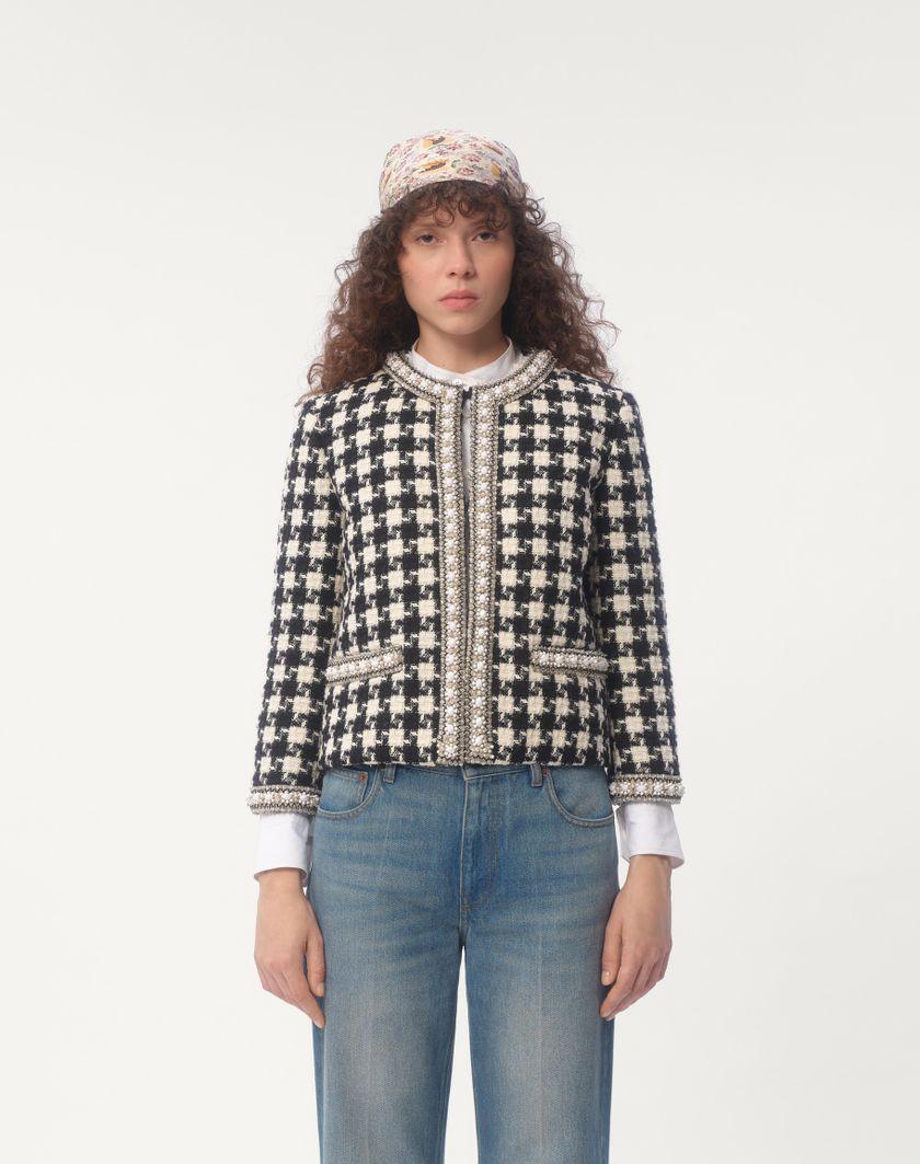 Valentino Handbags Giacca Ricamata In Damier Light Tweed per Donna in Bianco/ Nero | Valentino IT Fornitura limitata