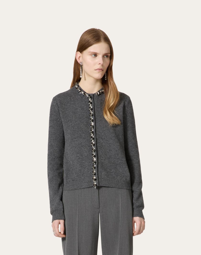 Valentino Handbags Cardigan In Lana Ricamato per Donna in Grigio Scuro | Valentino IT ACQUISTA ORA