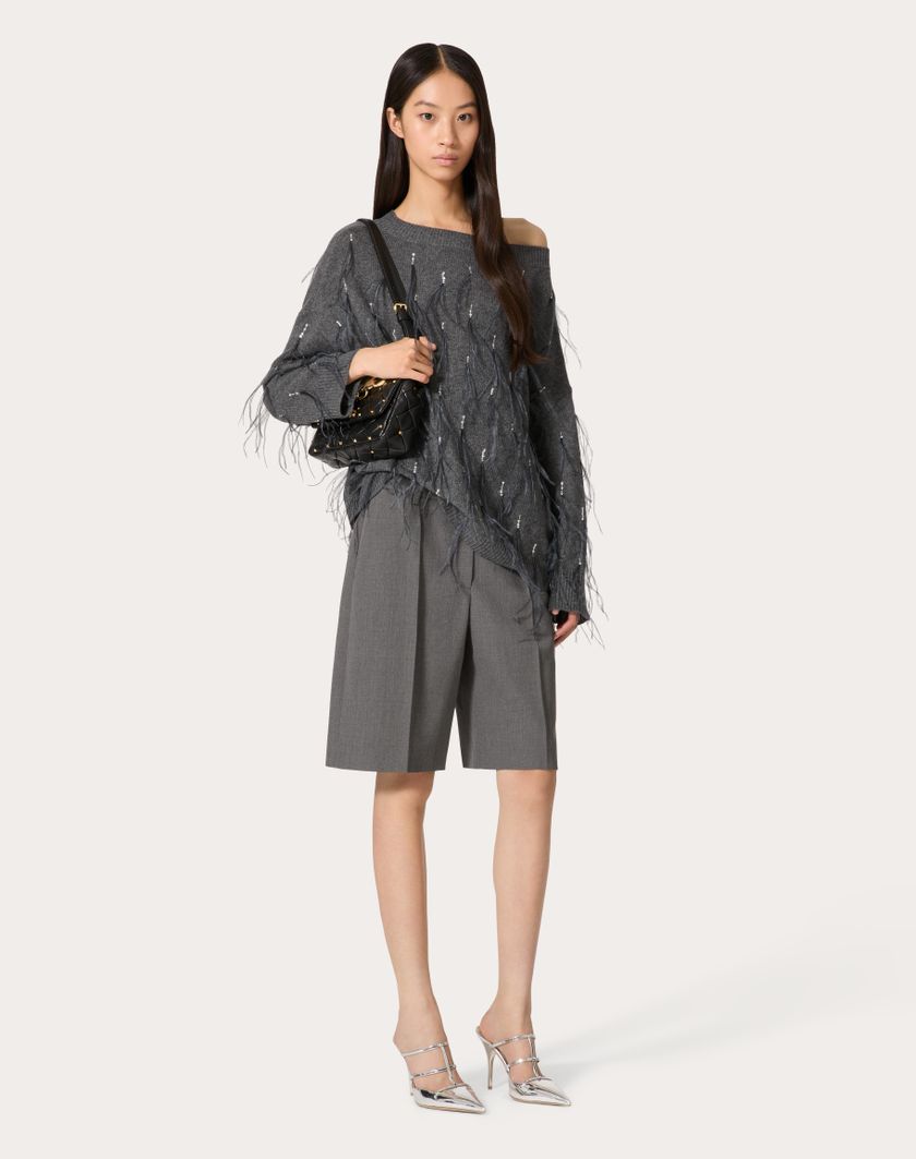 Valentino Handbags Maglia In Lana Con Piume Ricamata per Donna in Grigio Scuro | Valentino IT Latest stili