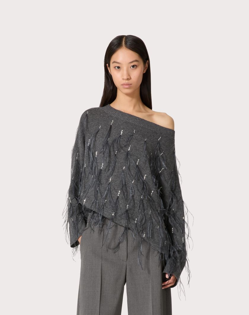 Valentino Handbags Maglia In Lana Con Piume Ricamata per Donna in Grigio Scuro | Valentino IT Latest stili