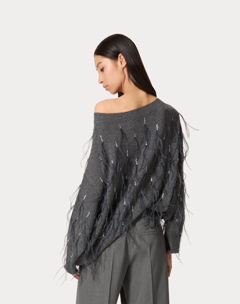 Valentino Handbags Maglia In Lana Con Piume Ricamata per Donna in Grigio Scuro | Valentino IT Latest stili