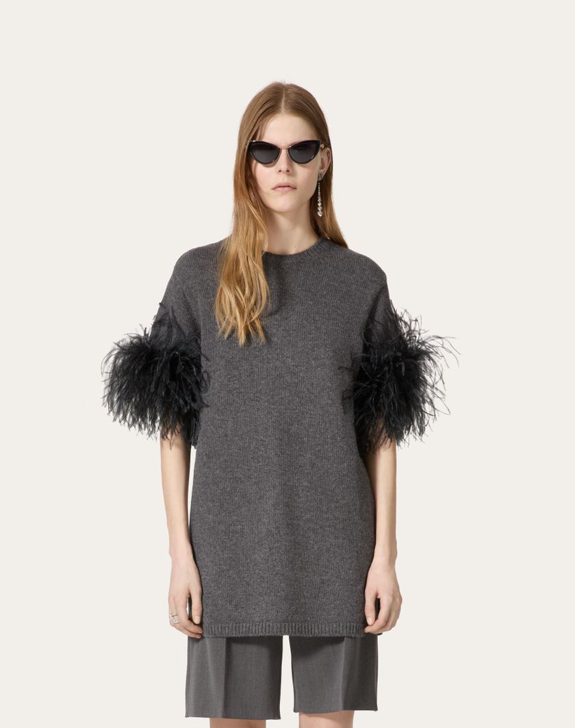 Valentino Handbags Maglia In Lana Con Piume per Donna in Grigio Scuro | Valentino IT Promozione temporanea