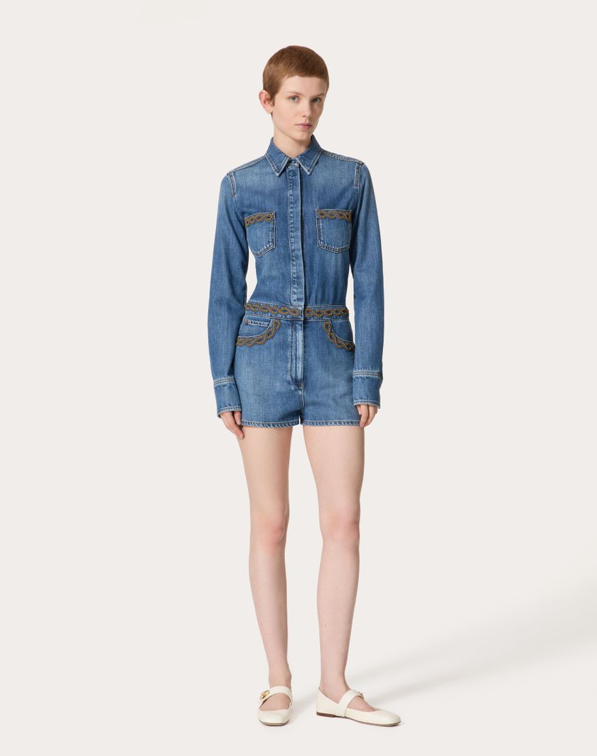 Valentino Handbags Tuta In Denim Blu Medio Ricamata per Donna in Denim | Valentino IT Limitato a 3 giorni