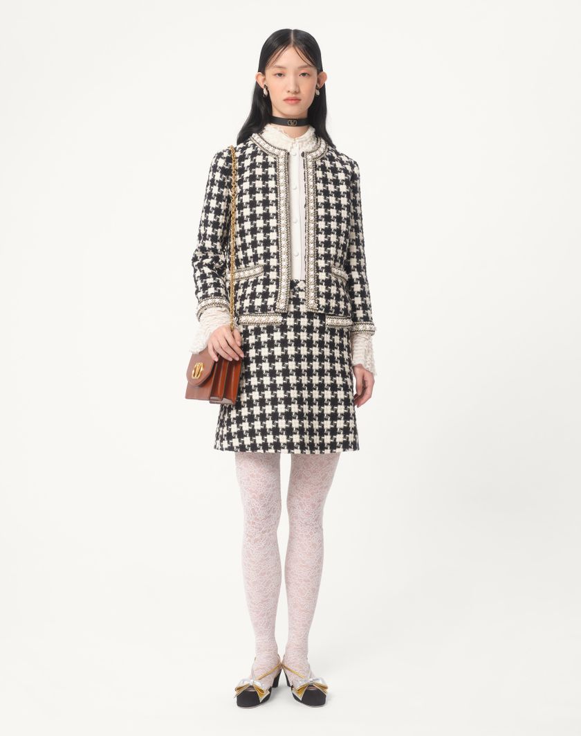 Valentino Handbags Gonna In Damier Light Tweed Ricamata per Donna in Avorio/nero | Valentino IT In Linea