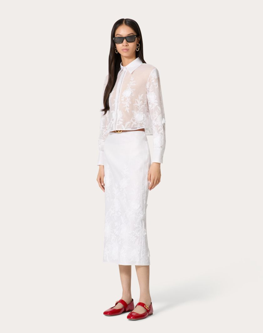 Valentino Handbags Gonna Midi In Camellia Organdis per Donna in Avorio | Valentino IT Acquista Ora