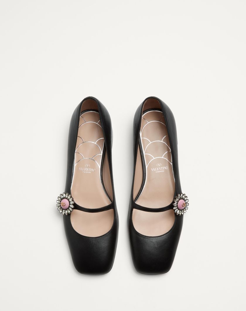 Valentino Handbags Ballerina Mary-jane Preshoes In Capretto Con Bottone Gioiello 20mm per Donna in Avorio/crystal/turchese | Valentino IT Outlet