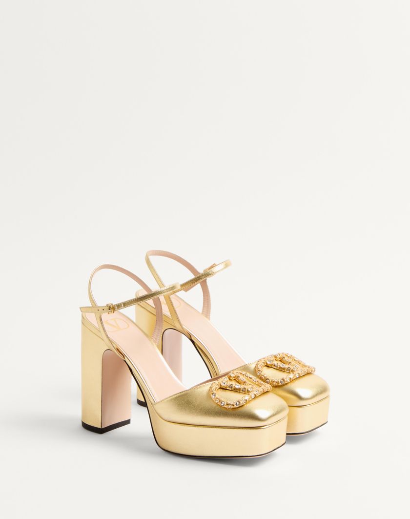 Valentino Handbags Décolleté Con Plateau Vlogo Signature In Nappa Laminata 115mm per Donna in Antique Brass/crystal | Valentino IT Consegna Veloce