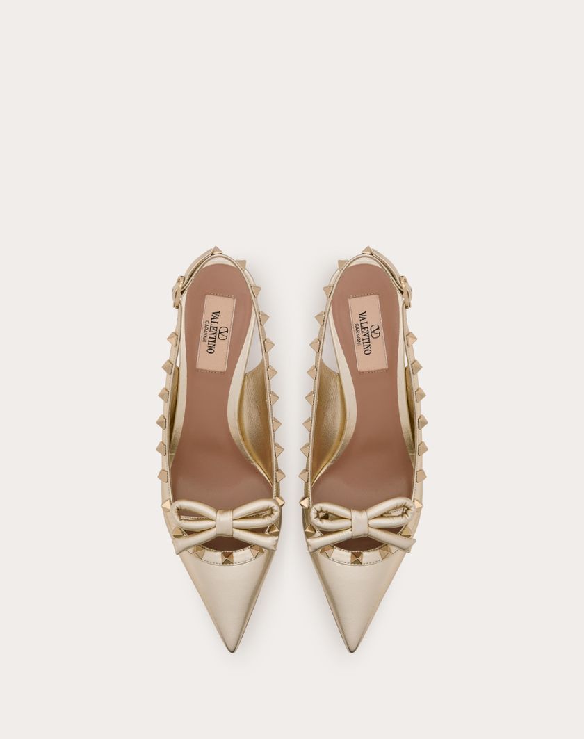 Valentino Handbags Décolleté Slingback Rockstud Bow In Nappa Laminata E Borchie In Tono 60mm per Donna in Platino | Valentino IT Promozione Limitata