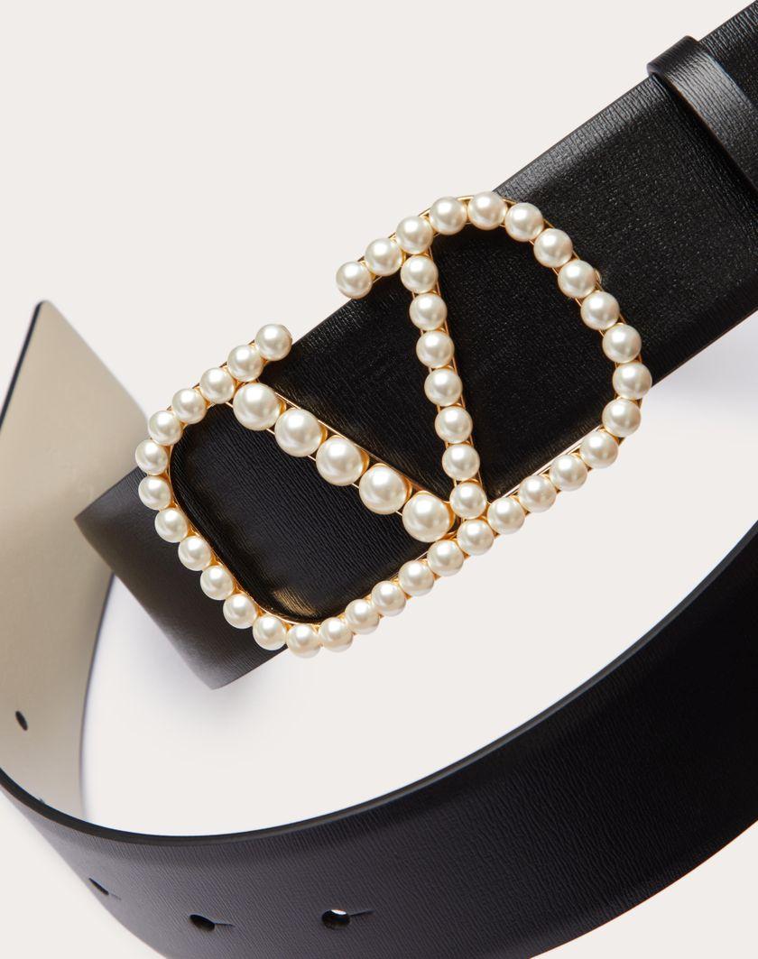 Valentino Handbags Cintura Reversibile Vlogo Signature In Vitello Lucido Con Perle 40 Mm per Donna in Nero/light Ivory | Valentino IT ACQUISTA ORA