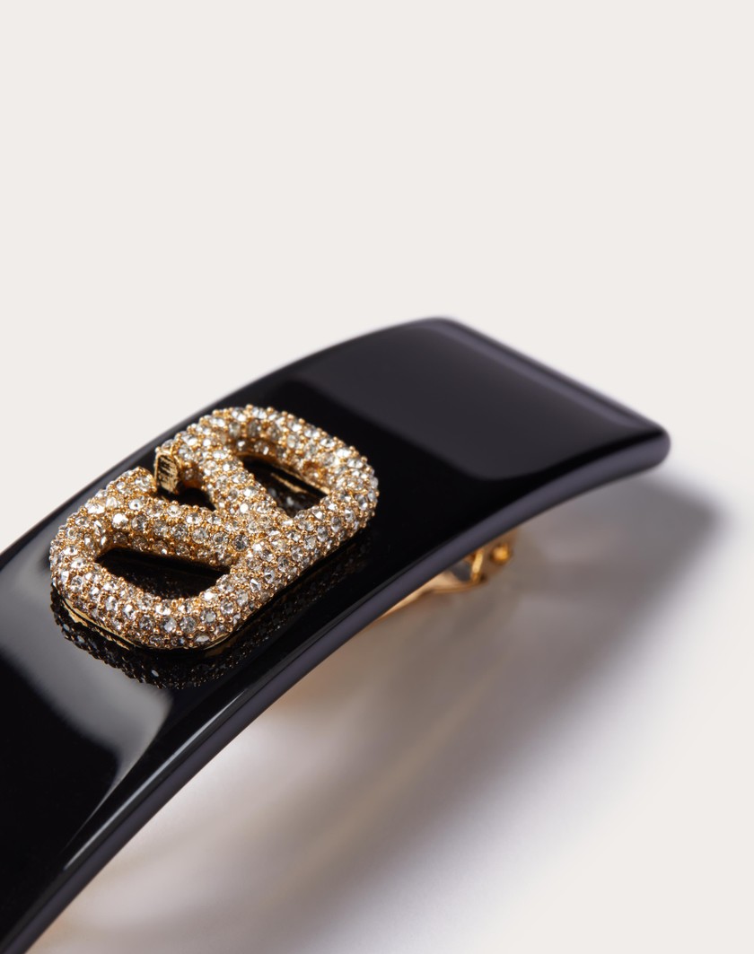 Valentino Handbags Fermaglio Per Capelli Vlogo Signature In Metallo Resina E Cristalli Swarovski® per Donna in Nero/oro/crystal | Valentino IT Italia