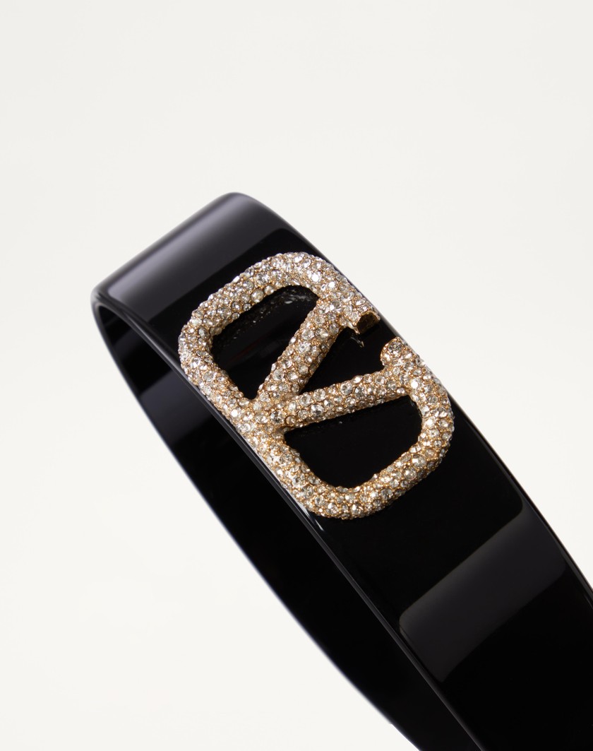 Valentino Handbags Cerchietto Vlogo Signature In Resina Metallo E Cristalli Swarovski® per Donna in Nero/oro/crystal | Valentino IT Nuovo
