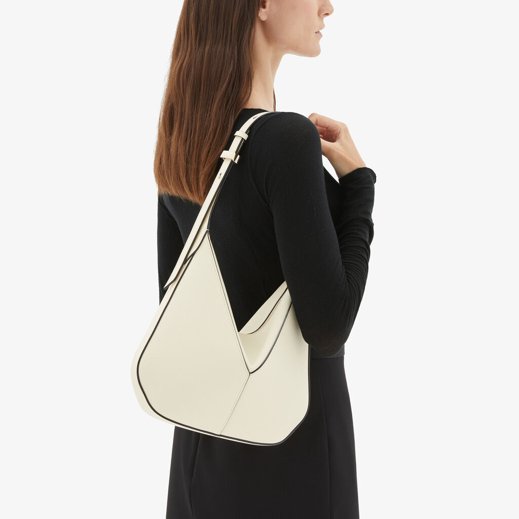 Valextra Borsa Hobo Vivi Mini | Pelle di vitello Millepunte Soft | Bianco Pergamena | Valextra Qualità