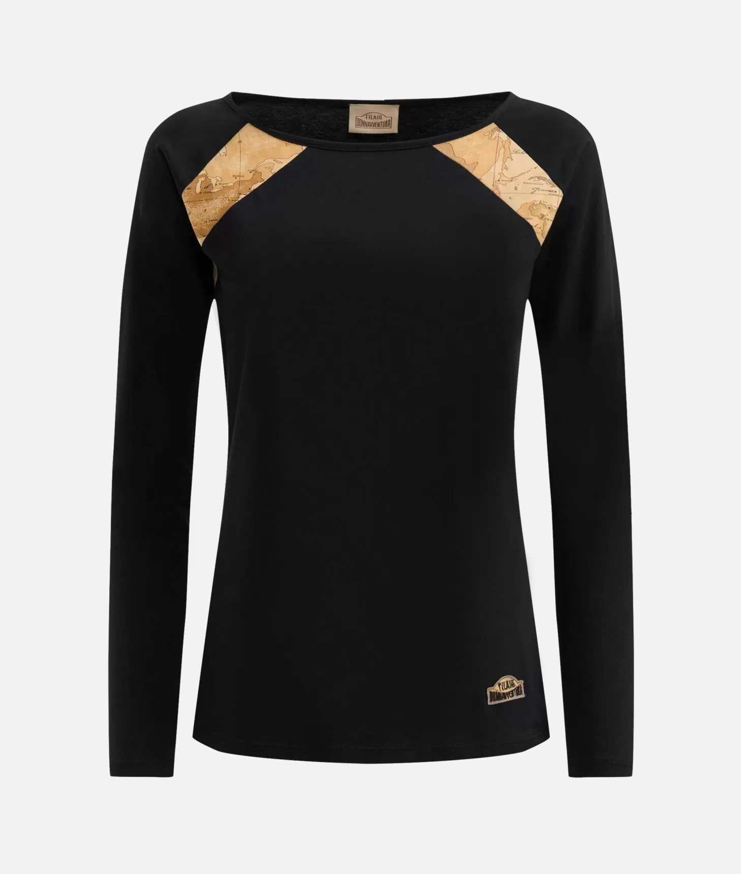 Alviero martini 1a classe T-shirt a maniche lunghe in jersey di cotone stretch con spicchi Geo Classic Nera Saldi Di Fabbrica