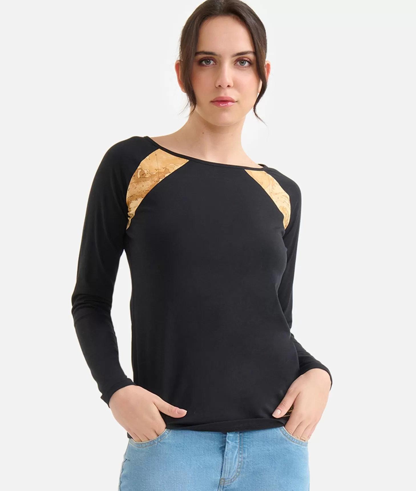 Alviero martini 1a classe T-shirt a maniche lunghe in jersey di cotone stretch con spicchi Geo Classic Nera Saldi Di Fabbrica