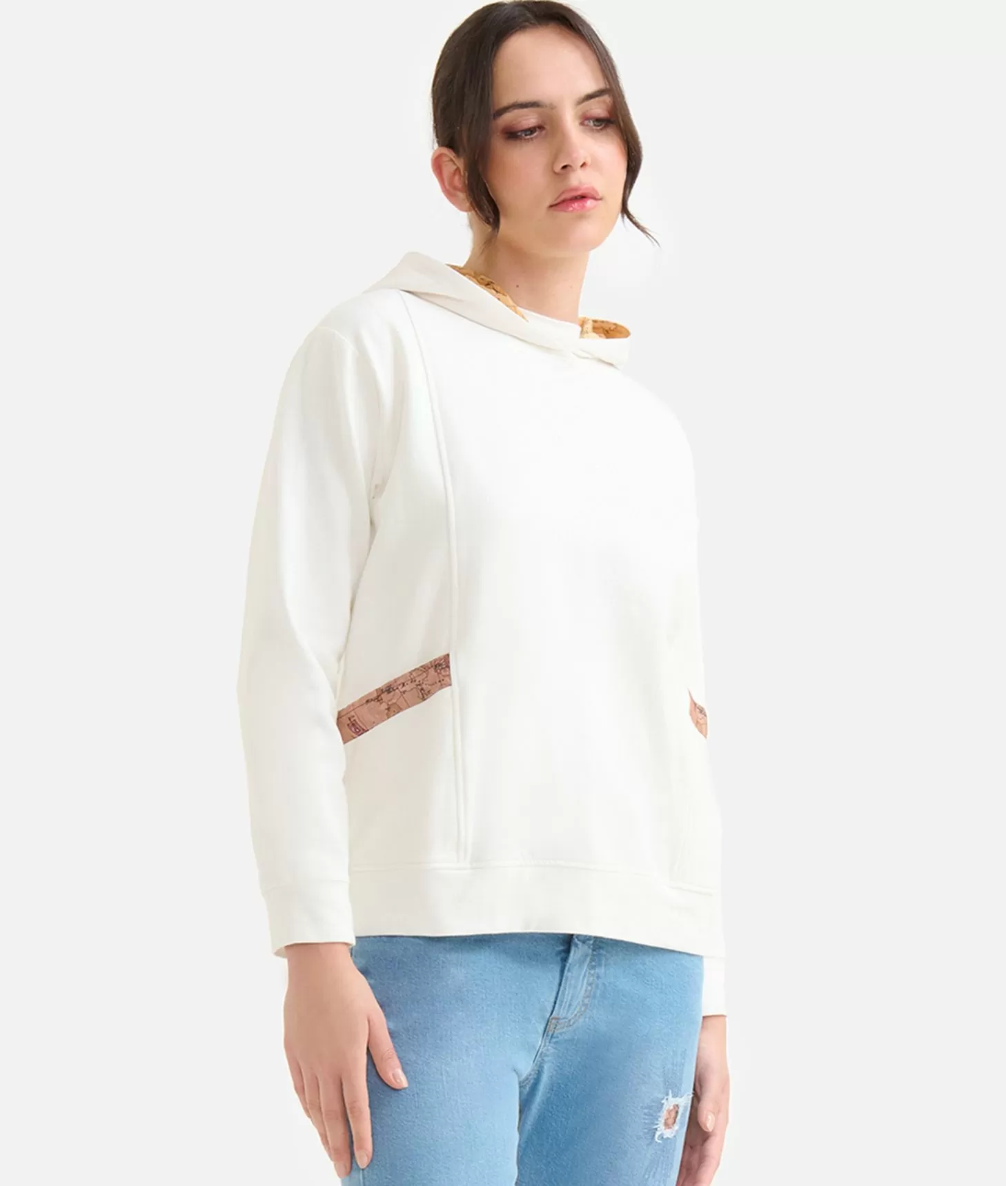 Alviero martini 1a classe Felpa in cotone garzato stretch con cappuccio Geo Classic Avorio Vendite Flash